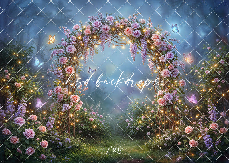 Twilight fairy garden floral arch photography backdrop with enchanted rose arbor and glowing evening sky, whimsical portrait background.