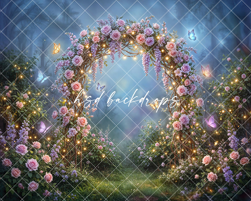 Twilight Fairy Garden Floral Arch Photography Backdrop – Enchanted Rose Arbor Scene | HSD Backdrops