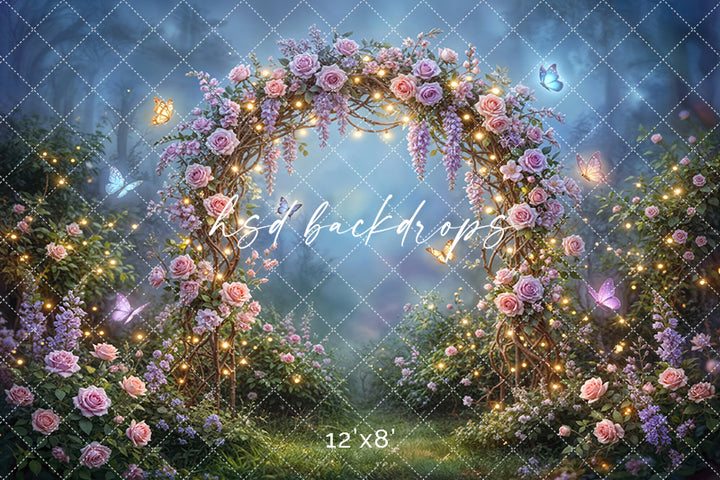 Twilight Fairy Garden Floral Arch Photography Backdrop – Enchanted Rose Arbor Scene | HSD Backdrops