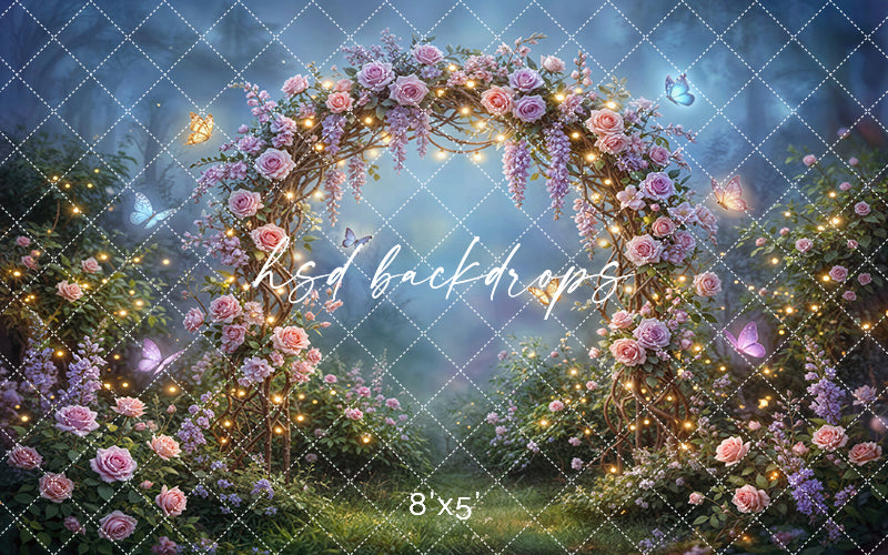 Twilight Fairy Garden Floral Arch Photography Backdrop – Enchanted Rose Arbor Scene | HSD Backdrops