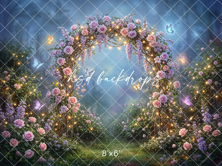 Twilight Fairy Garden Floral Arch Photography Backdrop – Enchanted Rose Arbor Scene | HSD Backdrops