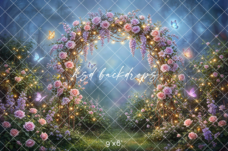 Twilight Fairy Garden Floral Arch Photography Backdrop – Enchanted Rose Arbor Scene | HSD Backdrops
