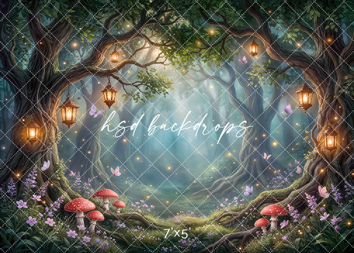 Fairy forest photography backdrop with glowing lantern grove and fireflies in an enchanted woodland setting, magical portrait background.