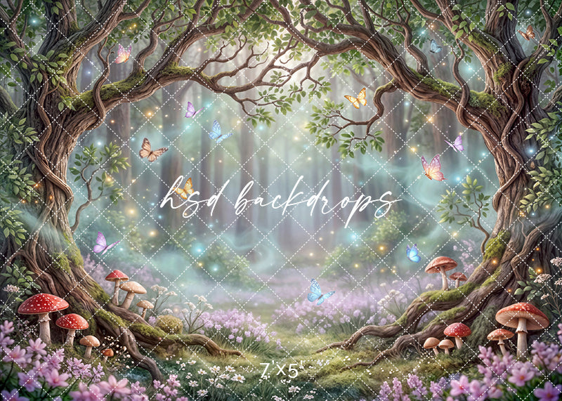 Fairy forest photography backdrop with glowing lantern grove and fireflies in an enchanted woodland setting, magical portrait background.