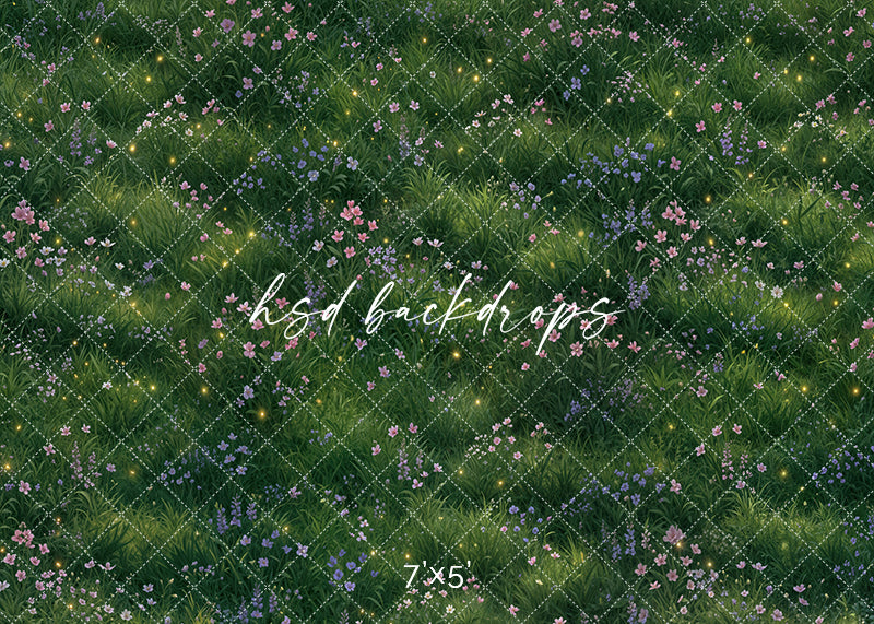 Enchanted firefly meadow photography backdrop with glowing woodland grass and wildflowers, magical fairytale floor scene.