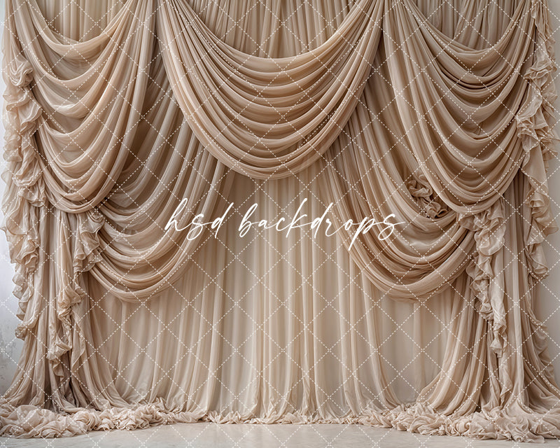 Champagne Cascade draped fabric photography backdrop with beige cascading curtains.