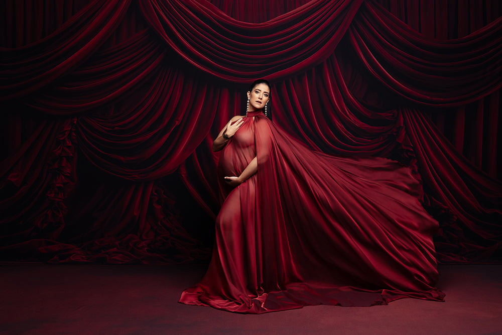 Scarlet Stage Elegance – Red Draped Fabric Photography Backdrop
