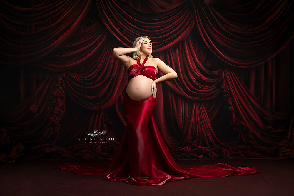 Scarlet Stage Elegance – Red Draped Fabric Photography Backdrop