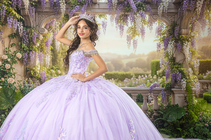 Enchanted wisteria pergola quinceañera backdrop with romantic hanging lavender flowers, classical stone columns, lush greenery, and a princess in a shimmering lavender gown.
