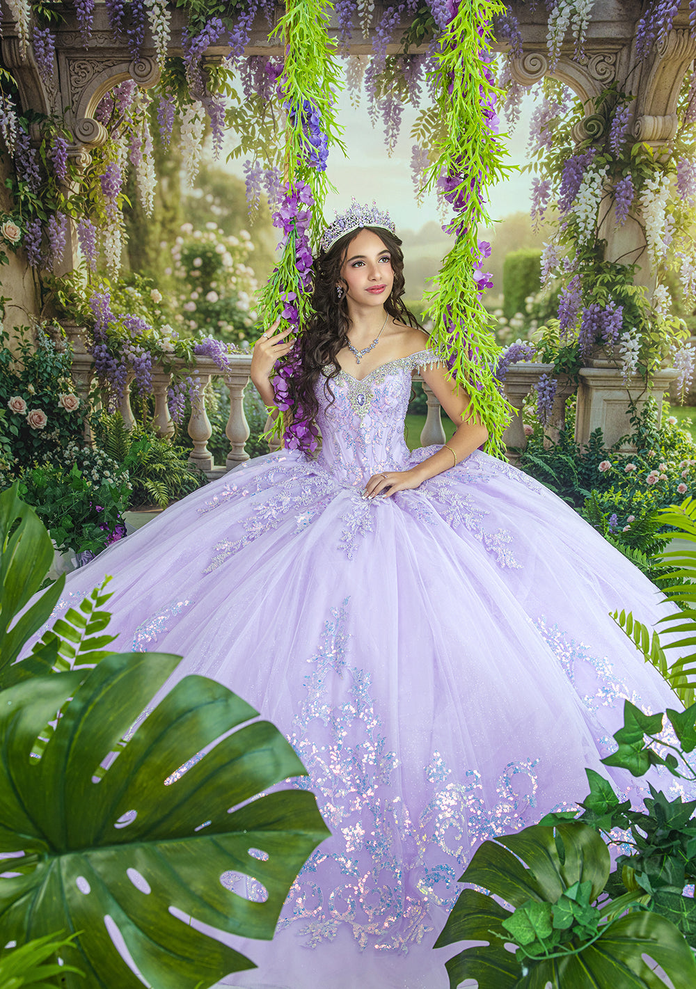 Fairytale lavender garden quinceañera photography backdrop featuring a young woman in an elegant purple princess gown surrounded by cascading wisteria, climbing roses, and sunlit garden scenery.