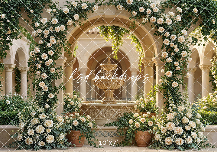Tuscan Rose Courtyard – Romantic Fountain Backdrop | HSD Backdrops