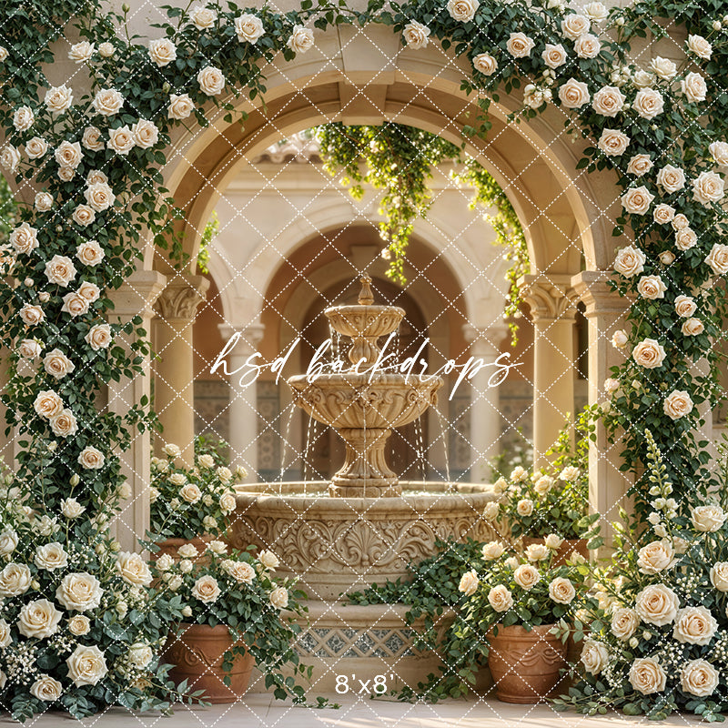 Tuscan Rose Courtyard – Romantic Fountain Backdrop | HSD Backdrops
