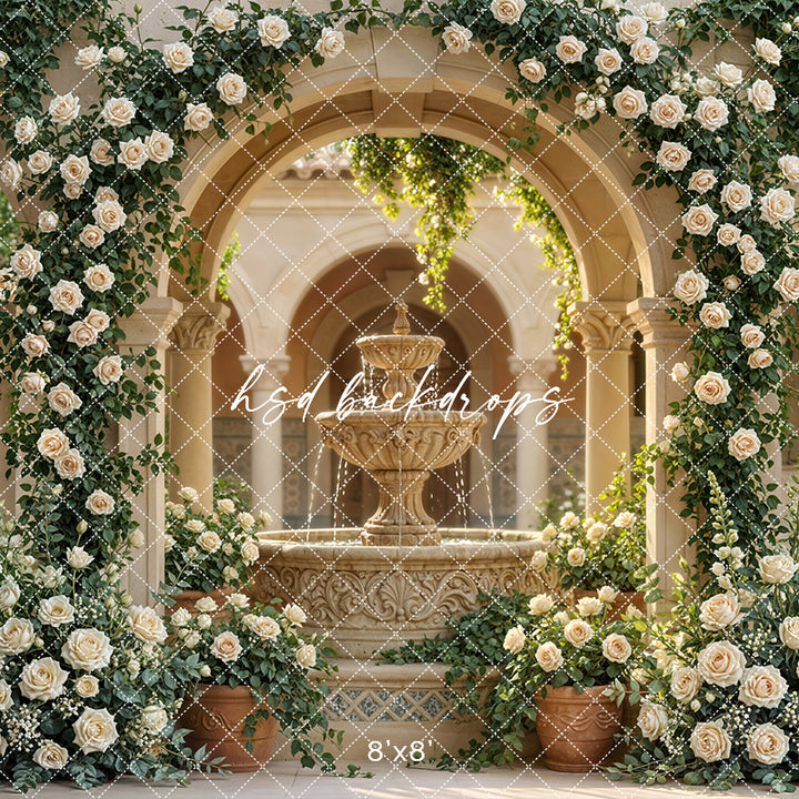 Tuscan Rose Courtyard – Romantic Fountain Backdrop | HSD Backdrops
