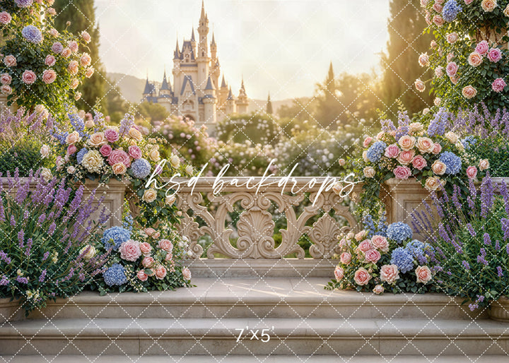 Royal garden terrace photography backdrop with pastel florals, stone steps, and a distant fairytale castle, perfect for princess, quinceañera, and fantasy portraits.
