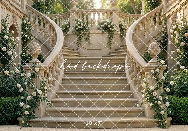 Chateau Garden Staircase – Ivory Floral Backdrop | HSD Backdrops