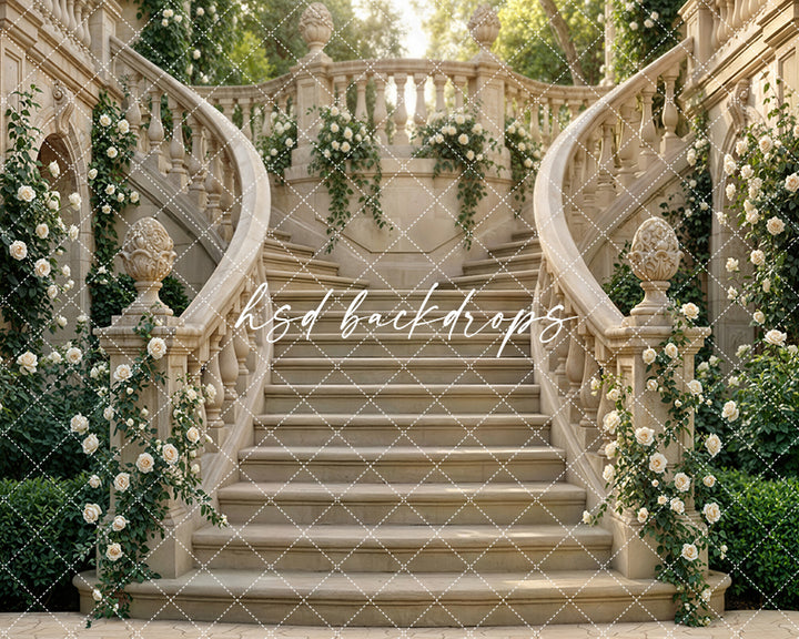 Chateau Garden Staircase – Ivory Floral Backdrop | HSD Backdrops