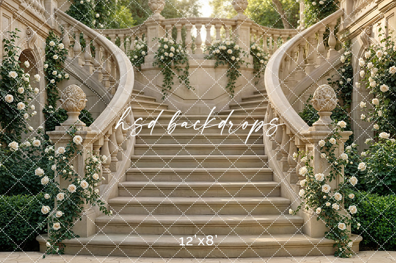 Chateau Garden Staircase – Ivory Floral Backdrop | HSD Backdrops