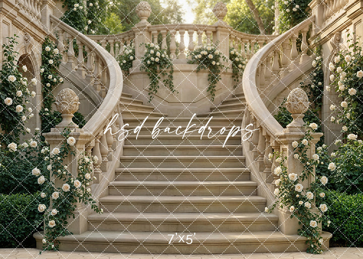 Chateau Garden Staircase – Ivory Floral Backdrop | HSD Backdrops