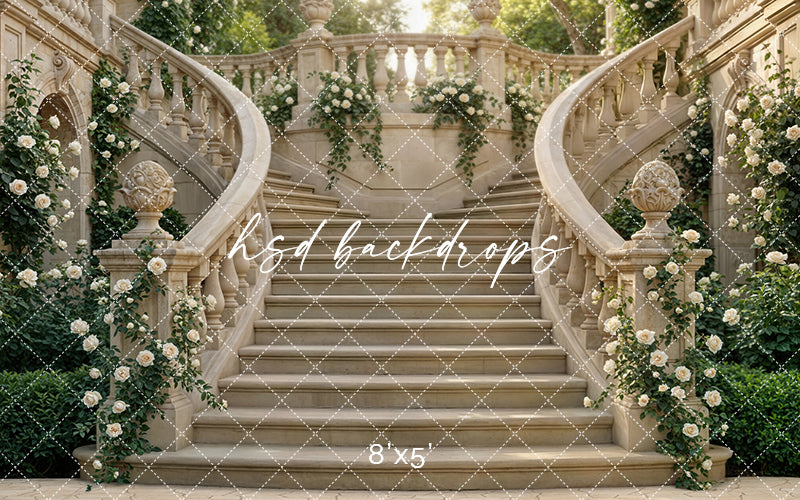 Chateau Garden Staircase – Ivory Floral Backdrop | HSD Backdrops