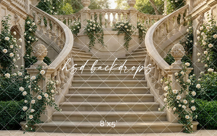 Chateau Garden Staircase – Ivory Floral Backdrop | HSD Backdrops