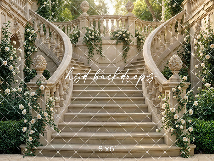 Chateau Garden Staircase – Ivory Floral Backdrop | HSD Backdrops