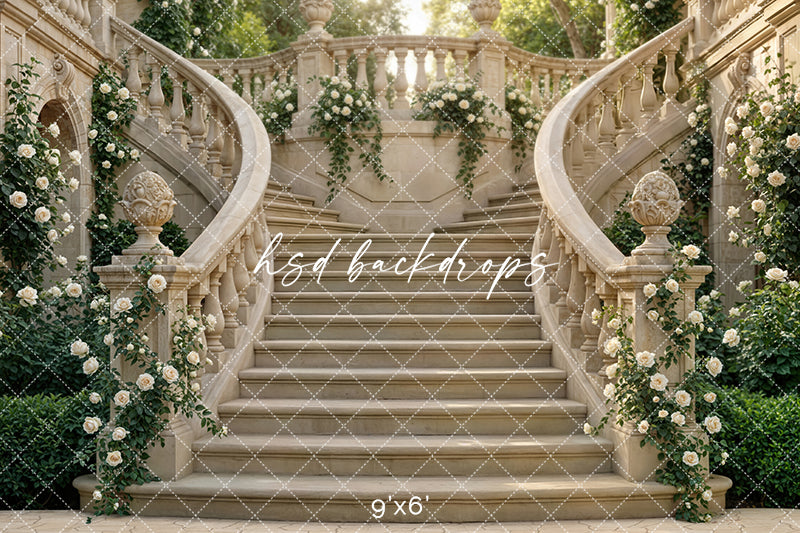 Chateau Garden Staircase – Ivory Floral Backdrop | HSD Backdrops