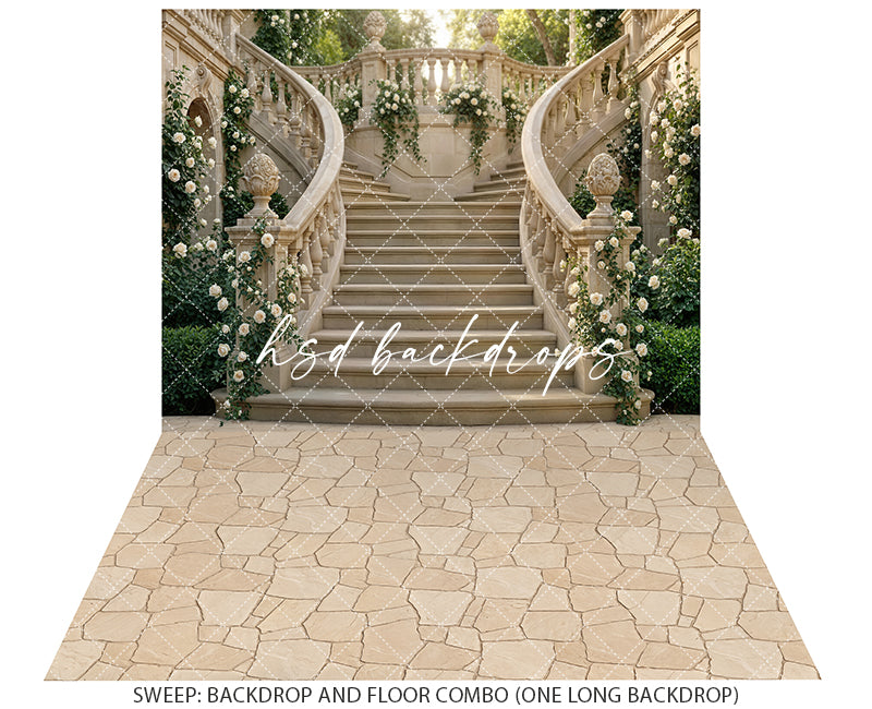 Chateau Garden Staircase – Ivory Floral Backdrop | HSD Backdrops