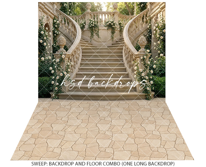 Chateau Garden Staircase – Ivory Floral Backdrop | HSD Backdrops