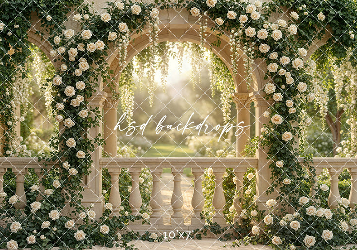 Enchanted Rose Garden Terrace Photography Backdrop – Elegant Outdoor Floral Scene | HSD Backdrops