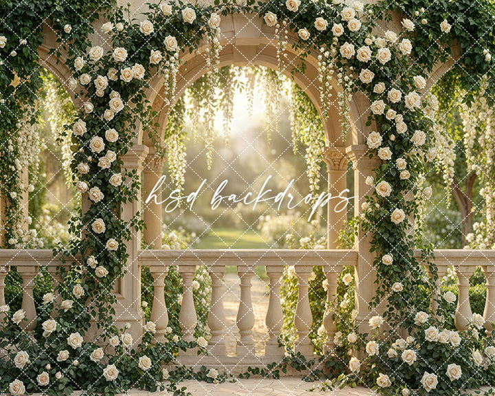 Enchanted Rose Garden Terrace Photography Backdrop – Elegant Outdoor Floral Scene | HSD Backdrops