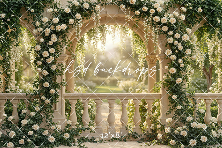 Enchanted Rose Garden Terrace Photography Backdrop – Elegant Outdoor Floral Scene | HSD Backdrops