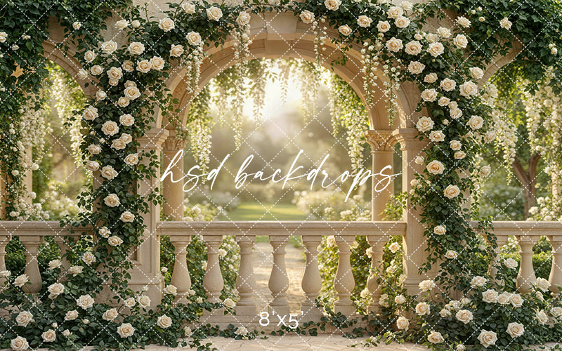 Enchanted Rose Garden Terrace Photography Backdrop – Elegant Outdoor Floral Scene | HSD Backdrops