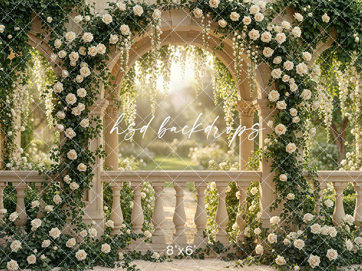 Enchanted Rose Garden Terrace Photography Backdrop – Elegant Outdoor Floral Scene | HSD Backdrops