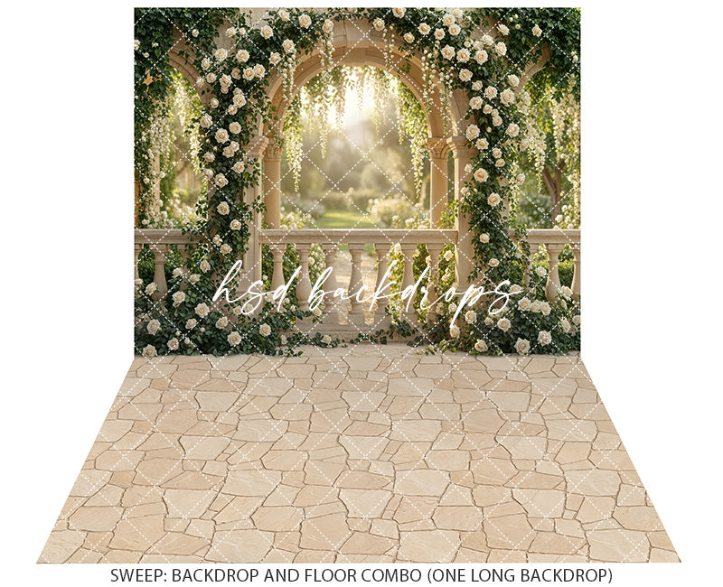 Enchanted Rose Garden Terrace Photography Backdrop – Elegant Outdoor Floral Scene | HSD Backdrops