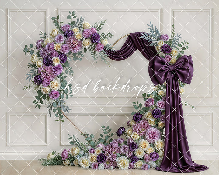 Plum Purple Rose Bow Floral Arch Photography Backdrop – Elegant Lavender Portrait Design | HSD Backdrops