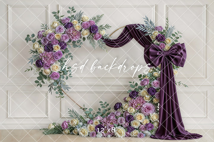 Plum Purple Rose Bow Floral Arch Photography Backdrop – Elegant Lavender Portrait Design | HSD Backdrops