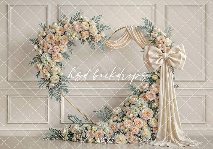 Ivory Rose Bow Floral Arch Photography Backdrop – Elegant Neutral Portrait Design | HSD Backdrops
