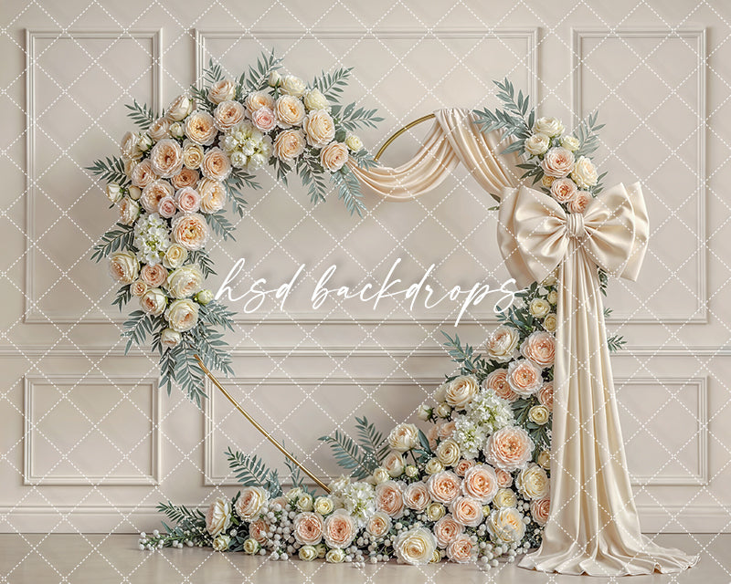 Ivory Rose Bow Floral Arch Photography Backdrop – Elegant Neutral Portrait Design | HSD Backdrops