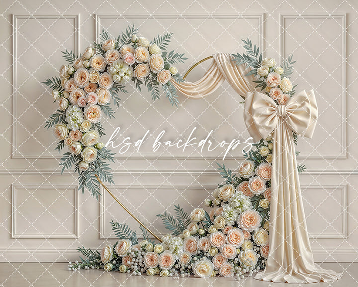 Ivory Rose Bow Floral Arch Photography Backdrop – Elegant Neutral Portrait Design | HSD Backdrops