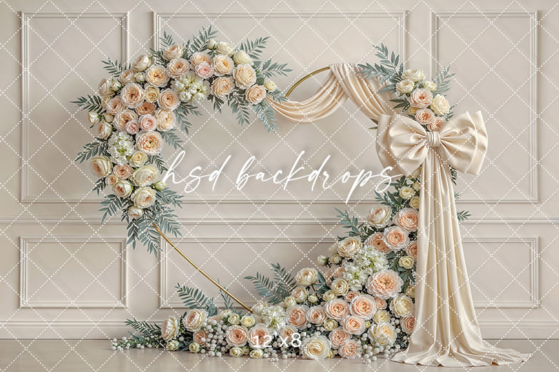 Ivory Rose Bow Floral Arch Photography Backdrop – Elegant Neutral Portrait Design | HSD Backdrops