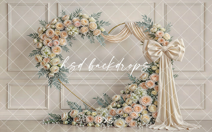 Ivory Rose Bow Floral Arch Photography Backdrop – Elegant Neutral Portrait Design | HSD Backdrops