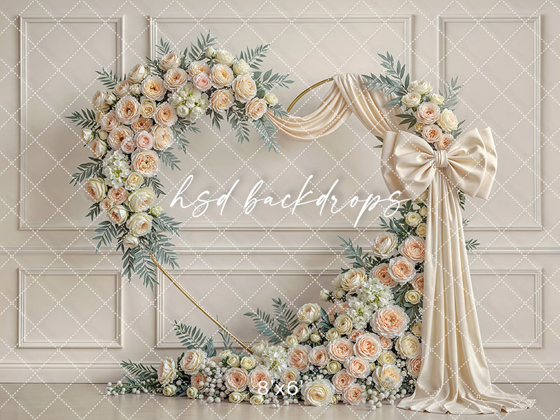 Ivory Rose Bow Floral Arch Photography Backdrop – Elegant Neutral Portrait Design | HSD Backdrops