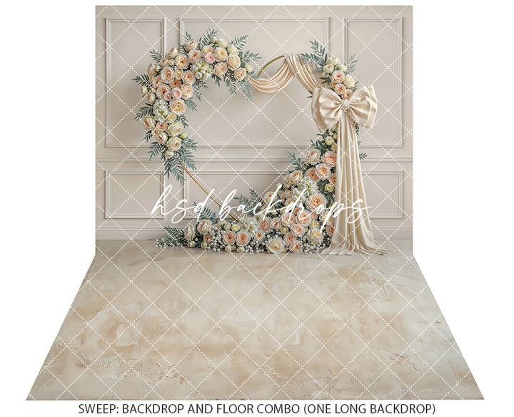 Ivory Rose Bow Floral Arch Photography Backdrop – Elegant Neutral Portrait Design | HSD Backdrops