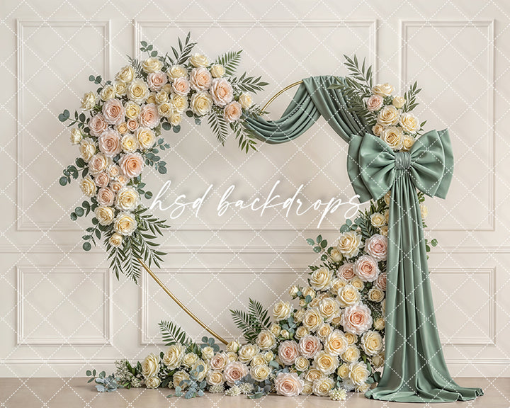 Sage Green Rose Bow Floral Arch Photography Backdrop – Elegant Neutral Portrait Design | HSD Backdrops