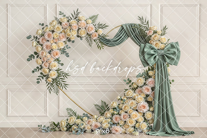 Sage Green Rose Bow Floral Arch Photography Backdrop – Elegant Neutral Portrait Design | HSD Backdrops