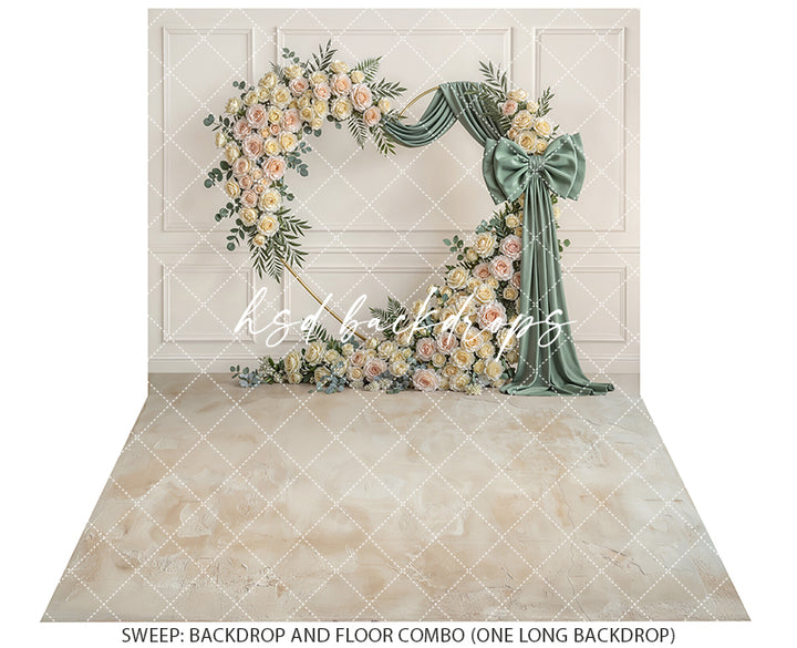 Sage Green Rose Bow Floral Arch Photography Backdrop – Elegant Neutral Portrait Design | HSD Backdrops