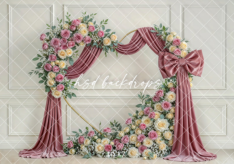 Blush Rose Bow Floral Arch Photography Backdrop – Elegant Mauve Portrait Design | HSD Backdrops
