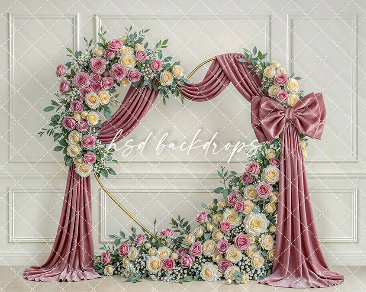 Blush Rose Bow Floral Arch Photography Backdrop – Elegant Mauve Portrait Design | HSD Backdrops