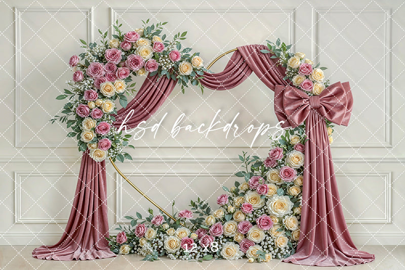 Blush Rose Bow Floral Arch Photography Backdrop – Elegant Mauve Portrait Design | HSD Backdrops