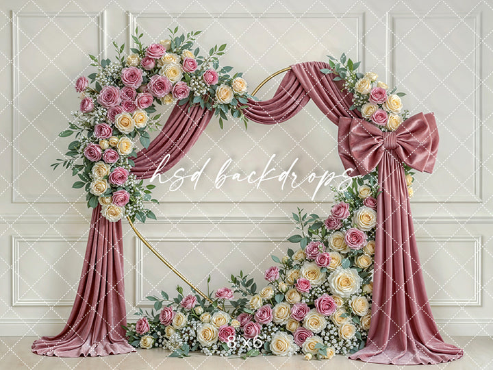Blush Rose Bow Floral Arch Photography Backdrop – Elegant Mauve Portrait Design | HSD Backdrops